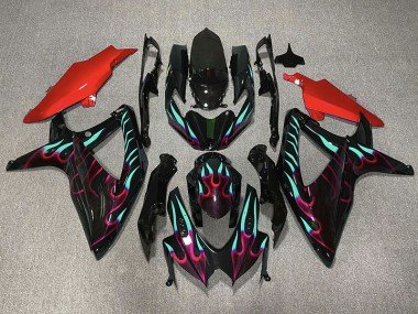 Rot & Cyan Flamme 2008-2010 Suzuki GSXR 600-750 Motorrad Verkleidung